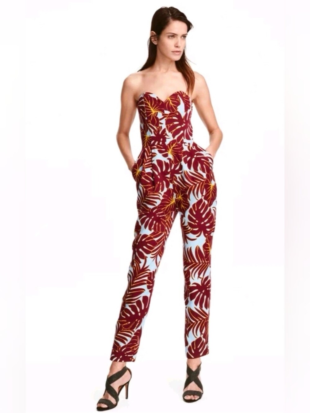 H&M Conscious Tropical Print Strapeless Burgandy & Blue Jumpsuit 10